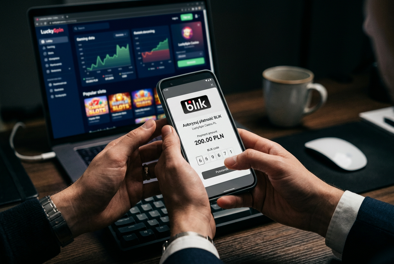 Ekspert analizujący płatności BLIK na smartfonie przed ekranem z rankingiem kasyn