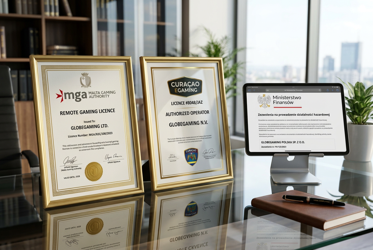Grafika prezentująca certyfikaty i licencje legalnych kasyn online na tle polskich przepisów hazardowych
