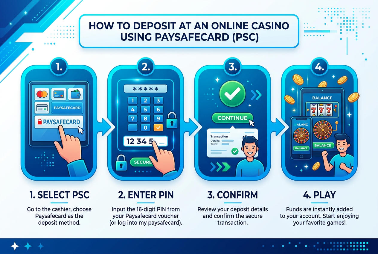 Infografika przedstawiająca kroki depozytu w kasynie paysafecard