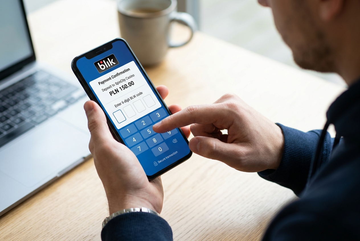 Smartfon z aplikacją bankową wyświetlający kod BLIK obok logo kasyna online i ikon kryptowalut